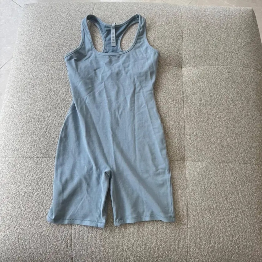 Skims Arctic Blue Ribbed Cotton Onsie Bodysuit Jumpsuit Romper Shorts